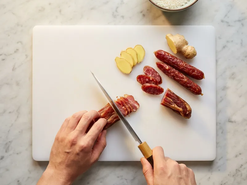 生姜切成丝 腊肉 切成片 腊肠