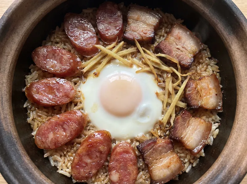 并且腊肠腊肉都已经焖好后